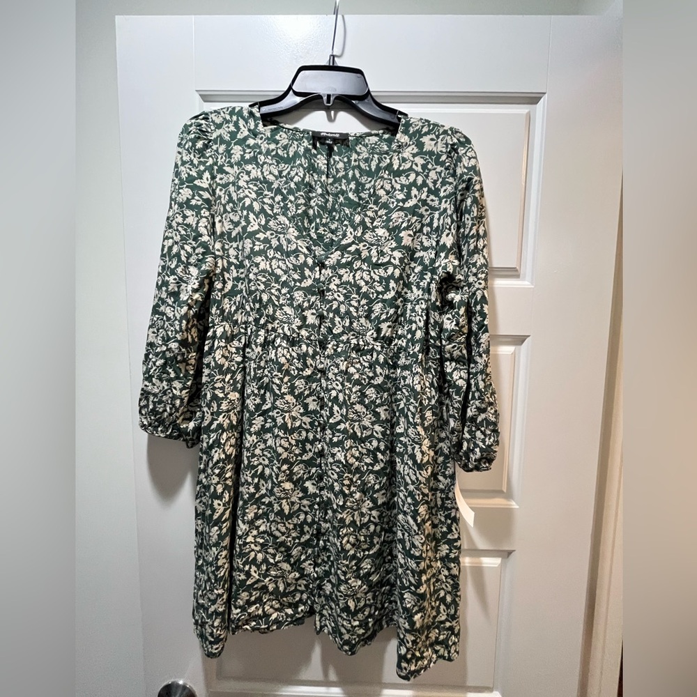 Madewell Tunic shirt/dress, green and cream floral. Size S. EUC